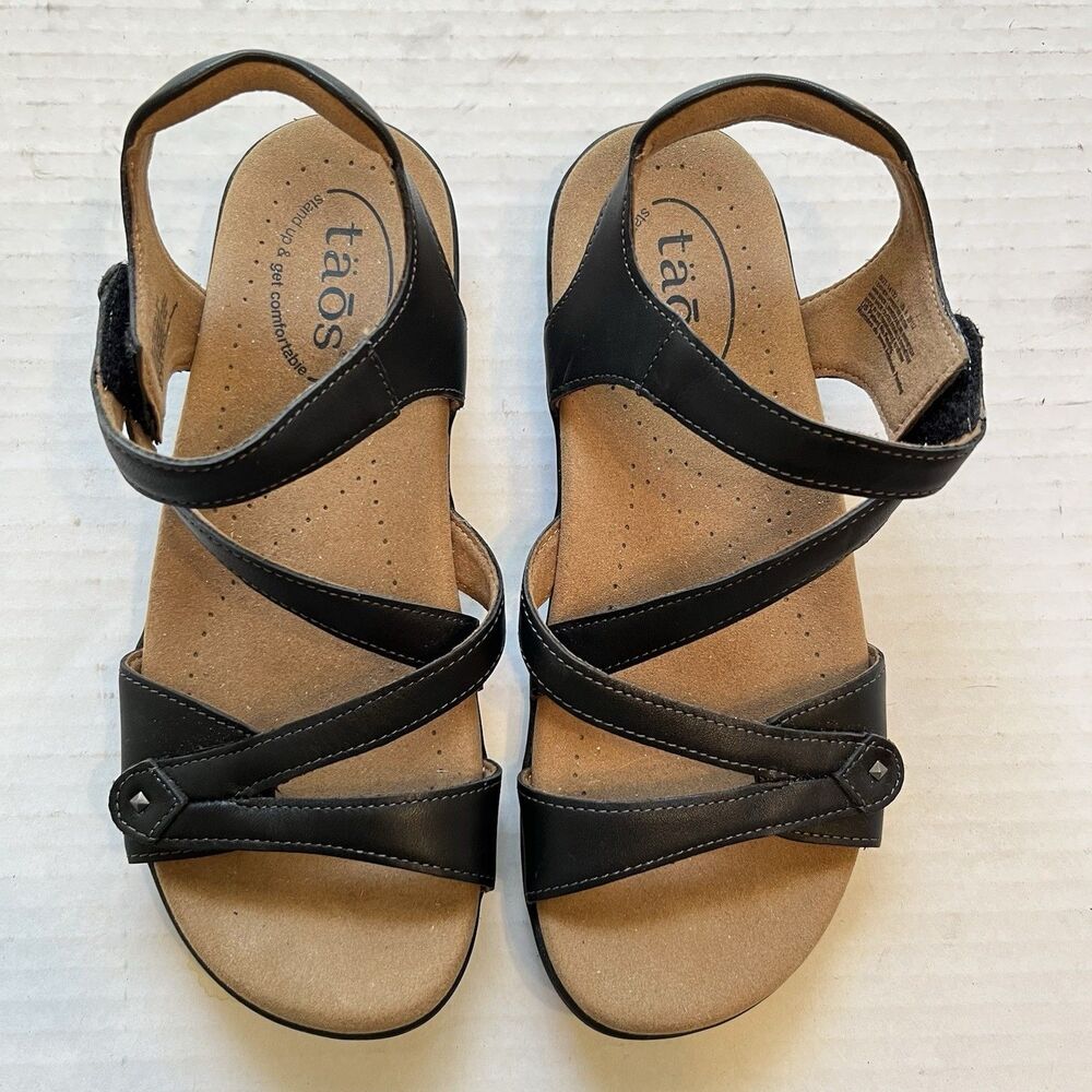 Taos Women’s Black Big Time Strappy Hook & Loop Sandals Leather US 6